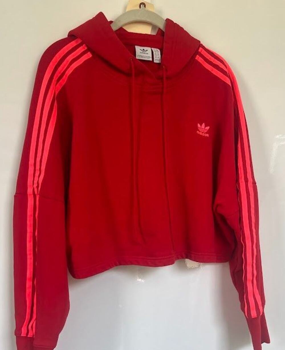 Adidas Originals Scarlet Red Cropped Hoodie Neon Pink Stripes Size M EJ9345